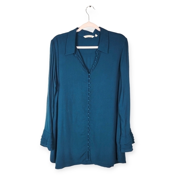 Soft Surroundings Poet Blue Teal Button Up  Flared Sleeve Tunic Shirt - Picture 1 of 6